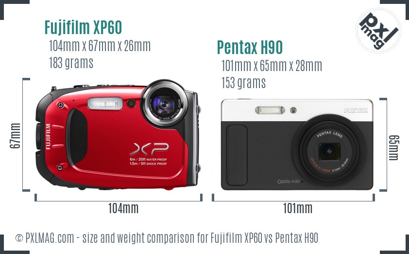Fujifilm XP60 vs Pentax H90 size comparison