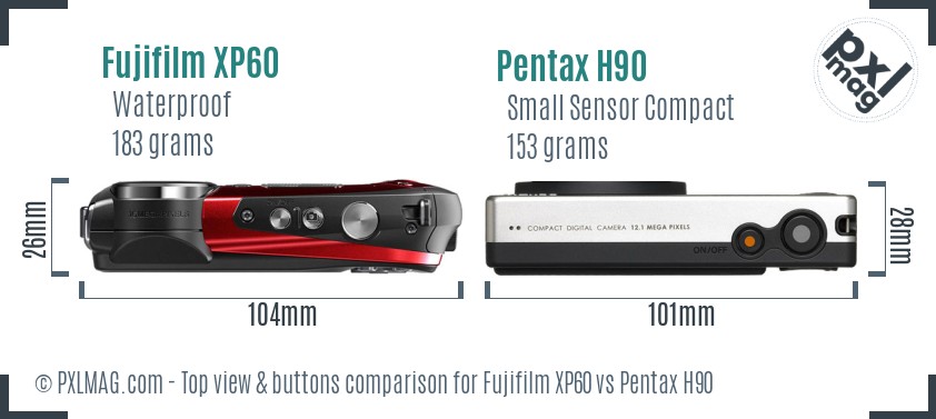 Fujifilm XP60 vs Pentax H90 top view buttons comparison