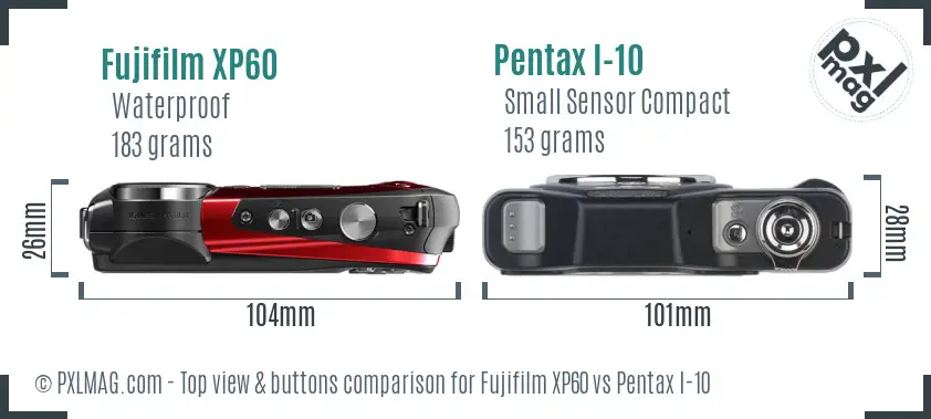 Fujifilm XP60 vs Pentax I-10 top view buttons comparison Fujifilm XP60 vs Pentax I-10 top view buttons comparison