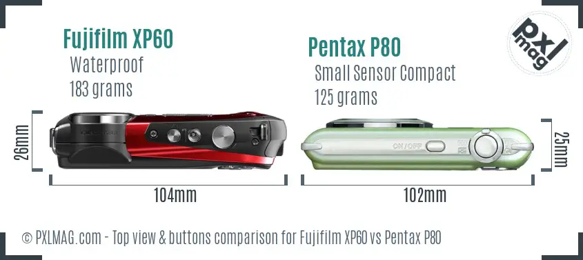 Fujifilm XP60 vs Pentax P80 top view buttons comparison Fujifilm XP60 vs Pentax P80 top view buttons comparison