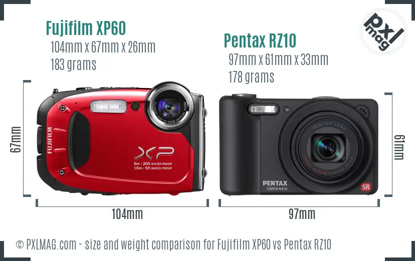 Fujifilm XP60 vs Pentax RZ10 size comparison