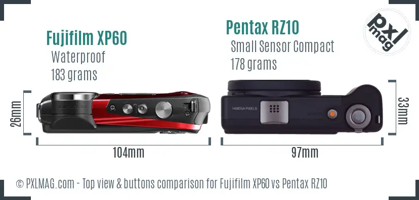 Fujifilm XP60 vs Pentax RZ10 top view buttons comparison