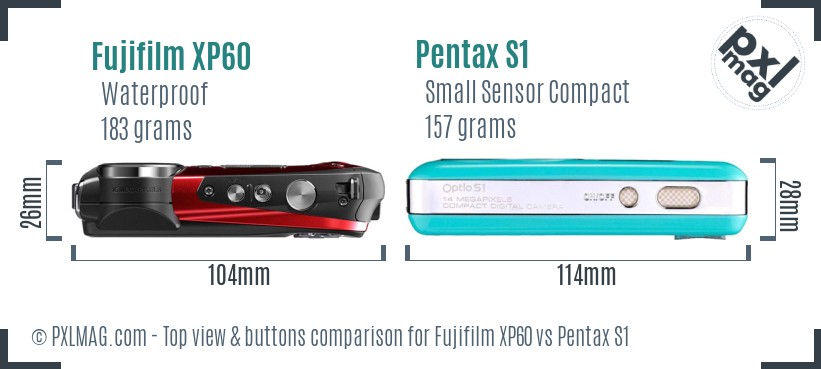 Fujifilm XP60 vs Pentax S1 top view buttons comparison