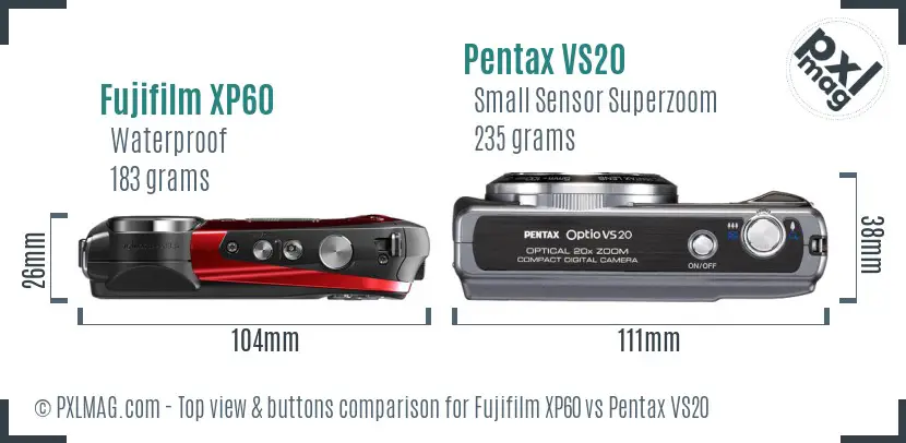Fujifilm XP60 vs Pentax VS20 top view buttons comparison Fujifilm XP60 vs Pentax VS20 top view buttons comparison