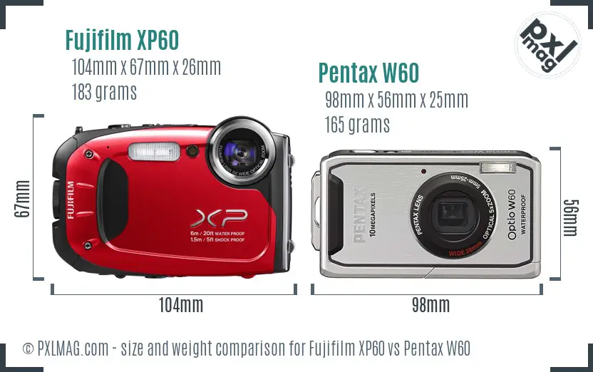 Fujifilm XP60 vs Pentax W60 size comparison