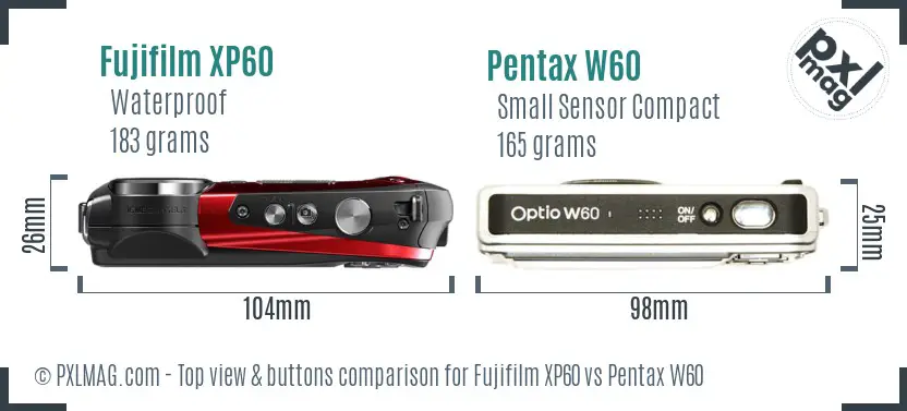 Fujifilm XP60 vs Pentax W60 top view buttons comparison