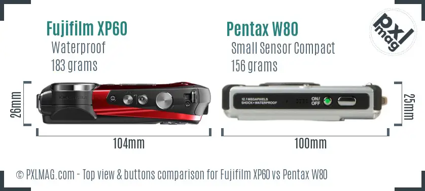 Fujifilm XP60 vs Pentax W80 top view buttons comparison