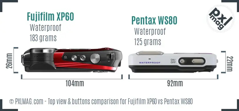 Fujifilm XP60 vs Pentax WS80 top view buttons comparison Fujifilm XP60 vs Pentax WS80 top view buttons comparison