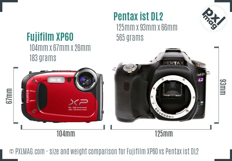 Fujifilm XP60 vs Pentax ist DL2 size comparison