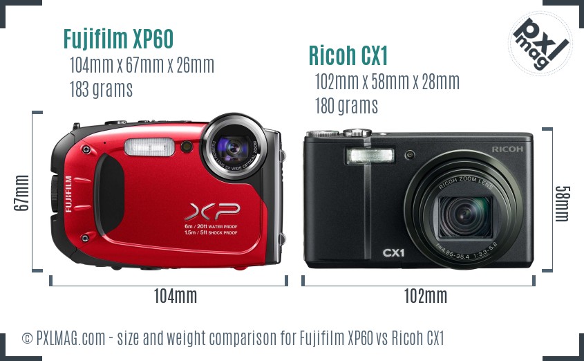Fujifilm XP60 vs Ricoh CX1 size comparison