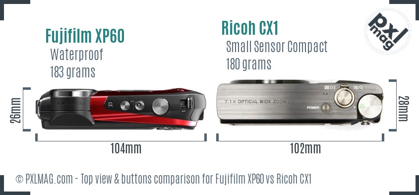 Fujifilm XP60 vs Ricoh CX1 top view buttons comparison