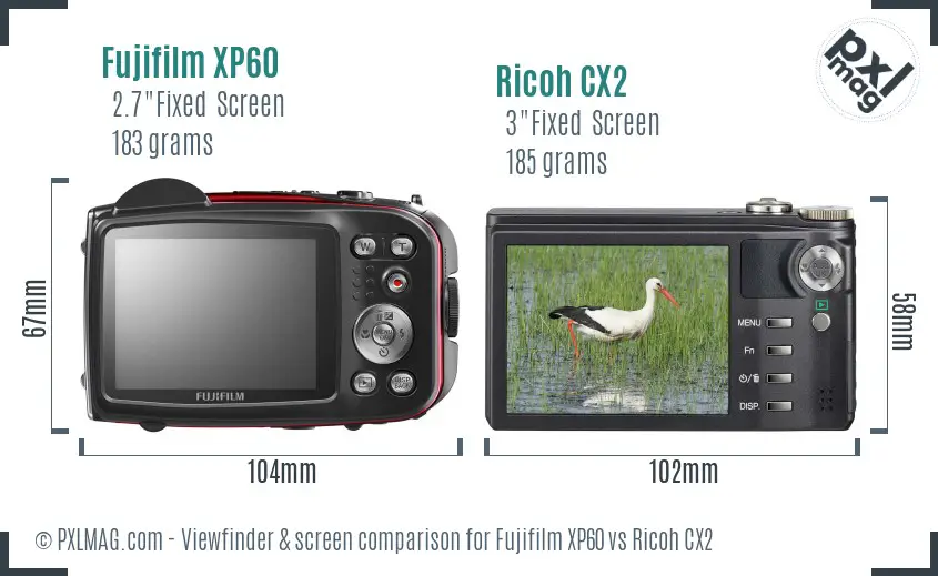 Fujifilm XP60 vs Ricoh CX2 Screen and Viewfinder comparison