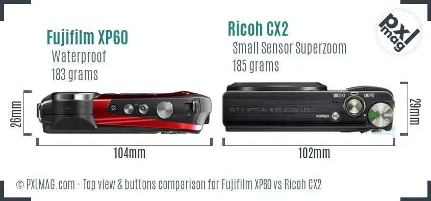 Fujifilm XP60 vs Ricoh CX2 top view buttons comparison