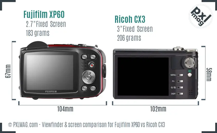 Fujifilm XP60 vs Ricoh CX3 Screen and Viewfinder comparison