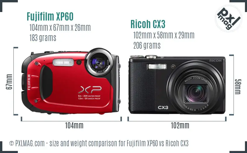 Fujifilm XP60 vs Ricoh CX3 size comparison