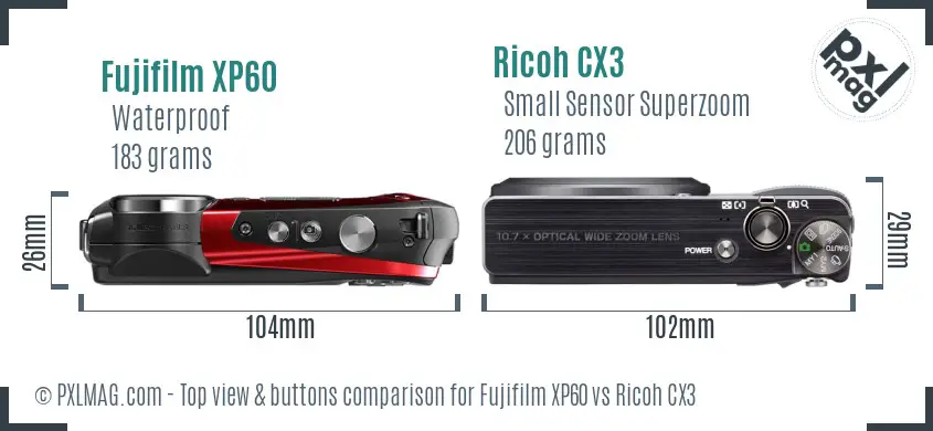 Fujifilm XP60 vs Ricoh CX3 top view buttons comparison