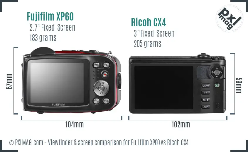 Fujifilm XP60 vs Ricoh CX4 Screen and Viewfinder comparison