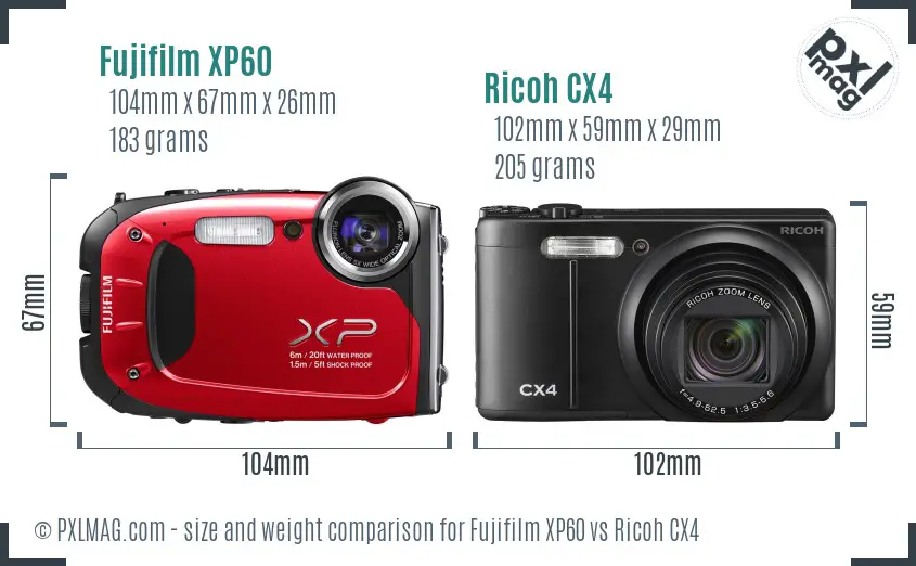 Fujifilm XP60 vs Ricoh CX4 size comparison