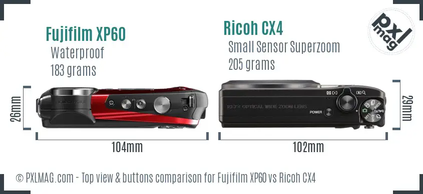 Fujifilm XP60 vs Ricoh CX4 top view buttons comparison