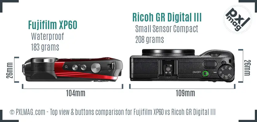 Fujifilm XP60 vs Ricoh GR Digital III top view buttons comparison Fujifilm XP60 vs Ricoh GR Digital III top view buttons comparison