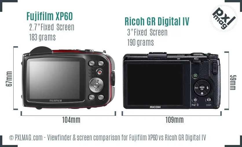 Fujifilm XP60 vs Ricoh GR Digital IV Screen and Viewfinder comparison