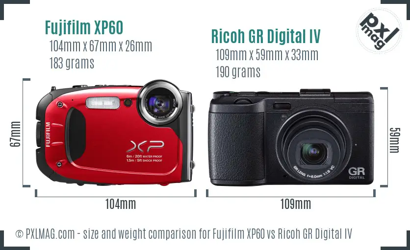 Fujifilm XP60 vs Ricoh GR Digital IV size comparison