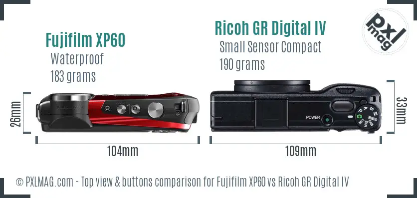 Fujifilm XP60 vs Ricoh GR Digital IV top view buttons comparison