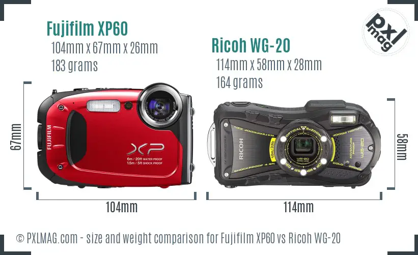 Fujifilm XP60 vs Ricoh WG-20 size comparison