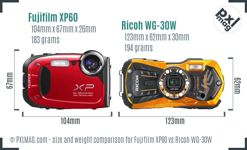 Fujifilm XP60 vs Ricoh WG-30W size comparison