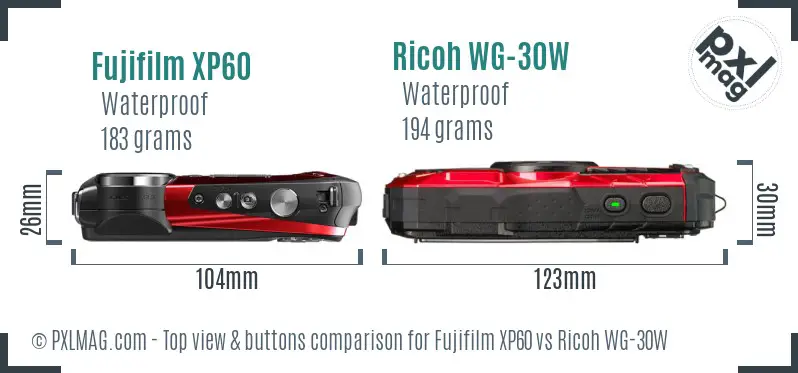 Fujifilm XP60 vs Ricoh WG-30W top view buttons comparison