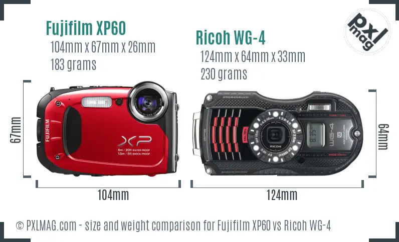 Fujifilm XP60 vs Ricoh WG-4 size comparison