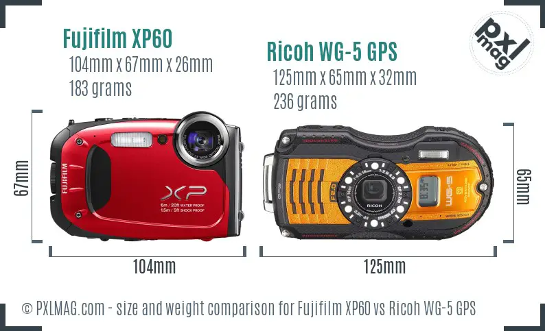Fujifilm XP60 vs Ricoh WG-5 GPS size comparison