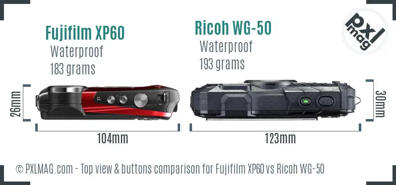 Fujifilm XP60 vs Ricoh WG-50 top view buttons comparison Fujifilm XP60 vs Ricoh WG-50 top view buttons comparison