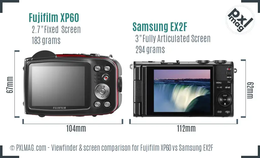 Fujifilm XP60 vs Samsung EX2F Screen and Viewfinder comparison