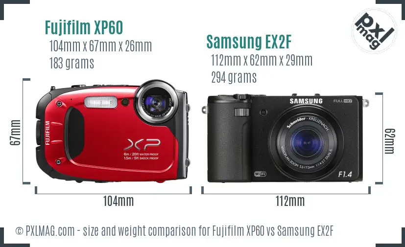 Fujifilm XP60 vs Samsung EX2F size comparison
