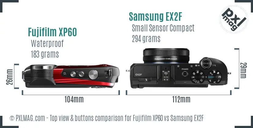 Fujifilm XP60 vs Samsung EX2F top view buttons comparison