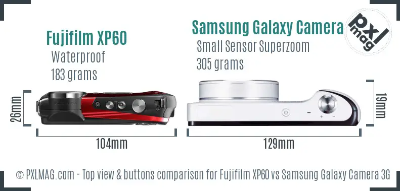 Fujifilm XP60 vs Samsung Galaxy Camera 3G top view buttons comparison Fujifilm XP60 vs Samsung Galaxy Camera 3G top view buttons comparison