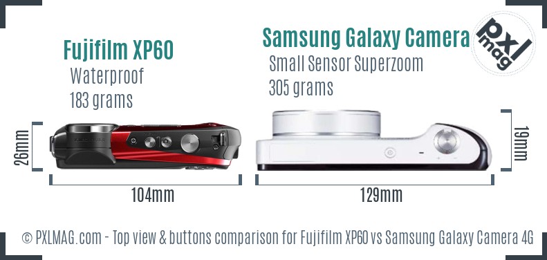 Fujifilm XP60 vs Samsung Galaxy Camera 4G top view buttons comparison