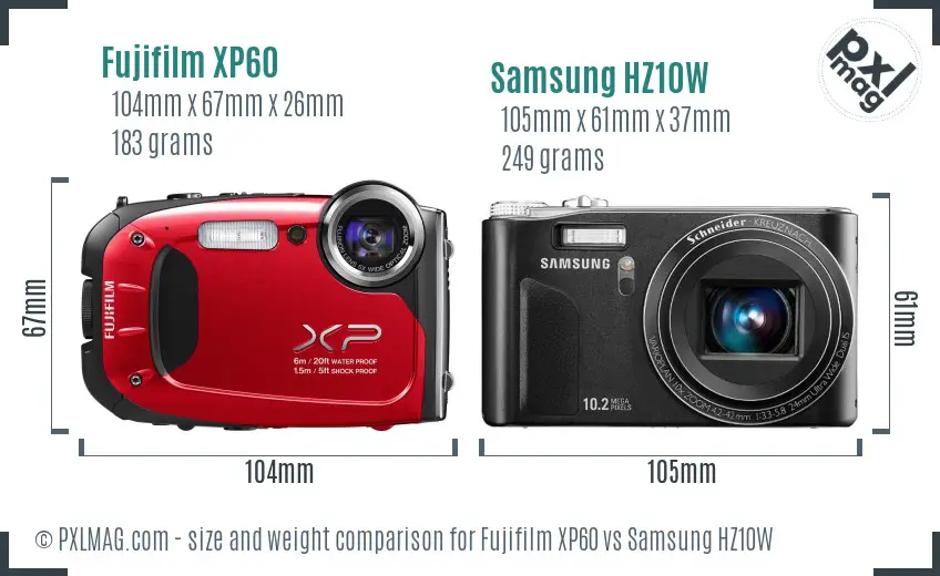 Fujifilm XP60 vs Samsung HZ10W size comparison