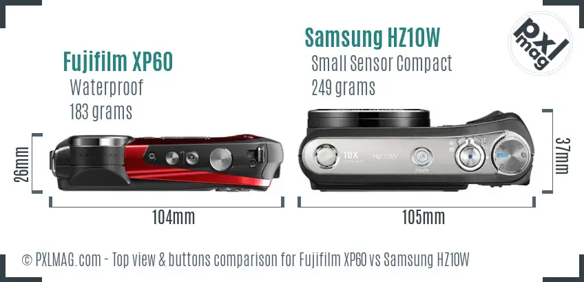 Fujifilm XP60 vs Samsung HZ10W top view buttons comparison