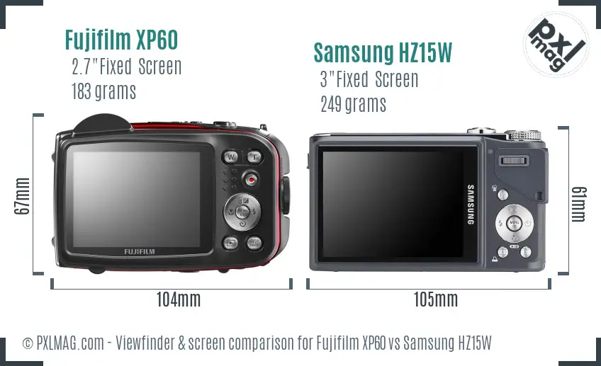 Fujifilm XP60 vs Samsung HZ15W Screen and Viewfinder comparison