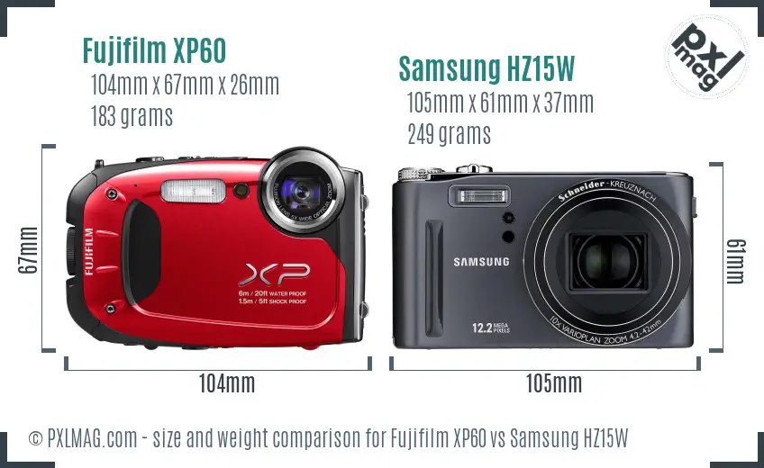 Fujifilm XP60 vs Samsung HZ15W size comparison