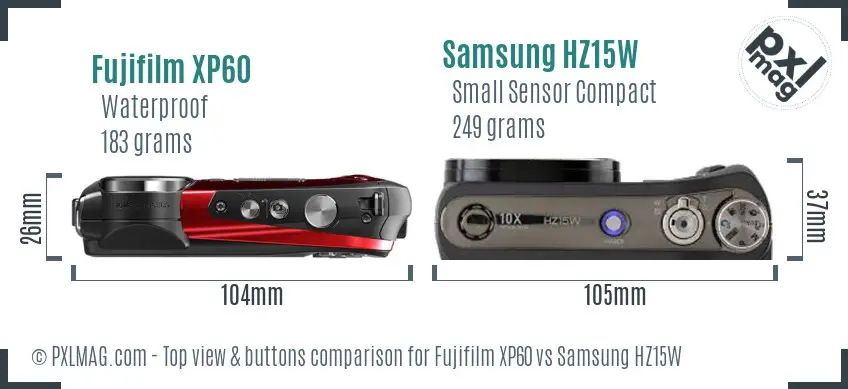 Fujifilm XP60 vs Samsung HZ15W top view buttons comparison