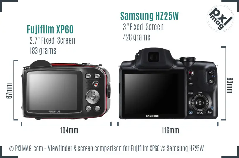 Fujifilm XP60 vs Samsung HZ25W Screen and Viewfinder comparison