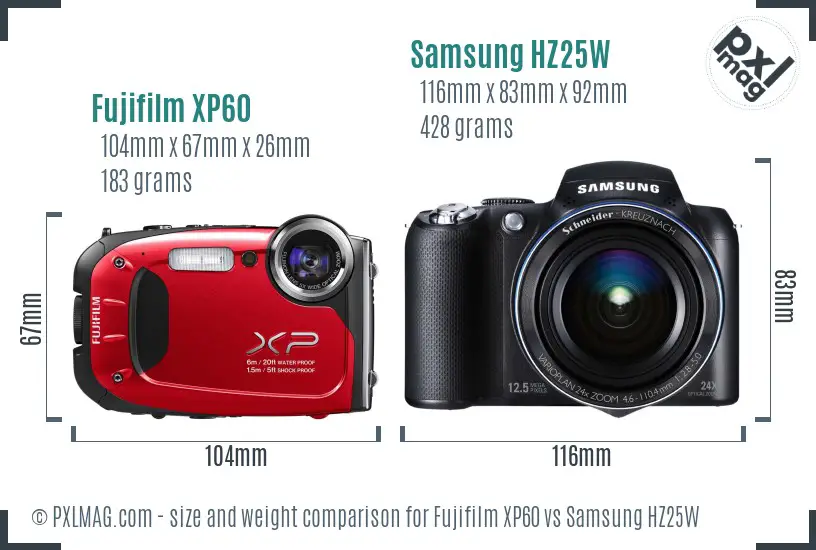 Fujifilm XP60 vs Samsung HZ25W size comparison