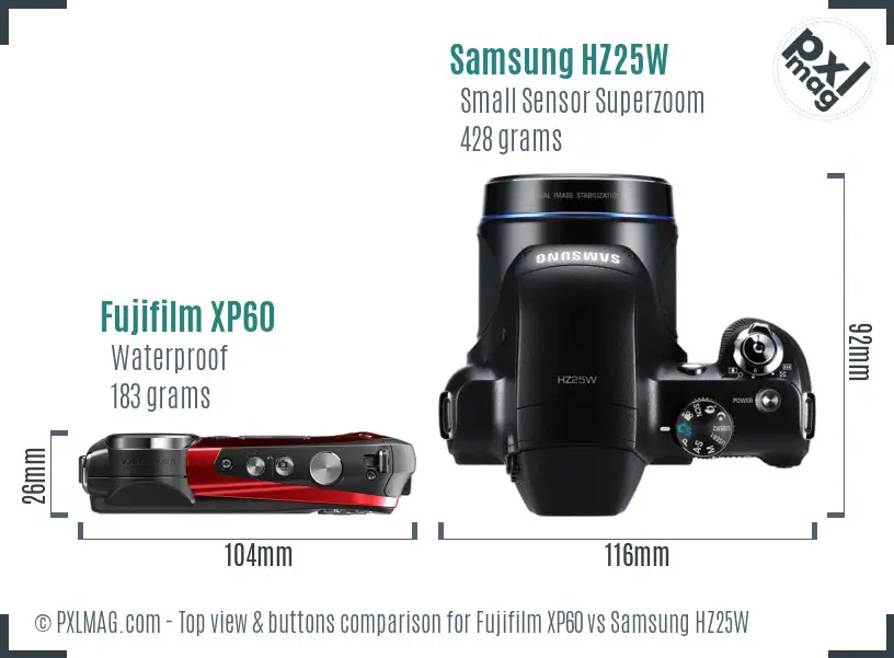 Fujifilm XP60 vs Samsung HZ25W top view buttons comparison