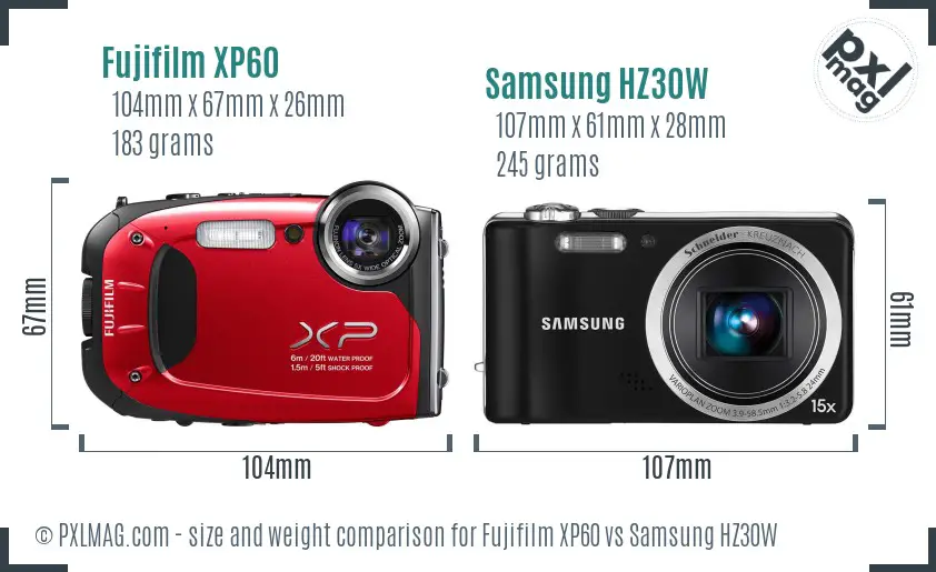 Fujifilm XP60 vs Samsung HZ30W size comparison