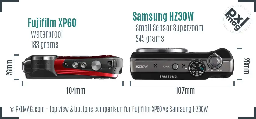 Fujifilm XP60 vs Samsung HZ30W top view buttons comparison