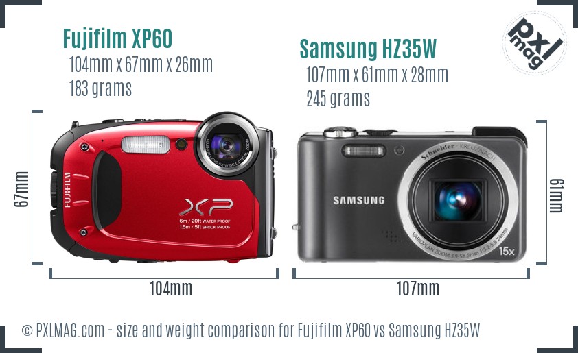 Fujifilm XP60 vs Samsung HZ35W size comparison
