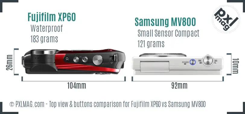 Fujifilm XP60 vs Samsung MV800 top view buttons comparison Fujifilm XP60 vs Samsung MV800 top view buttons comparison